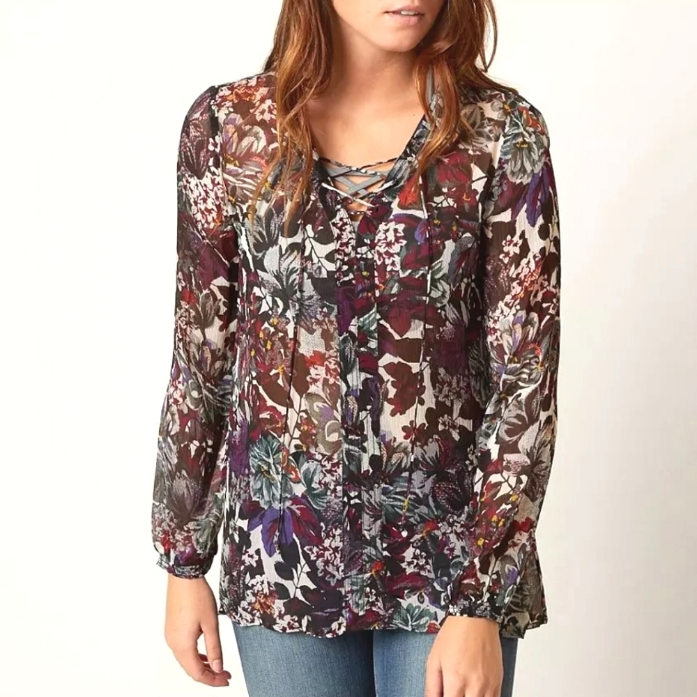 Lucky Brand Floral Sheer Peasant Blouse size S